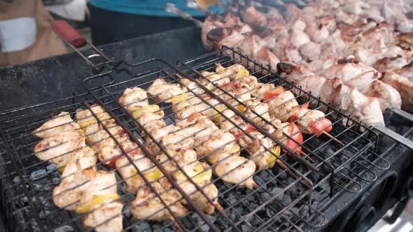 Shish Kebab is Grilled on Skewers on the Open Barbecue at the Food Court