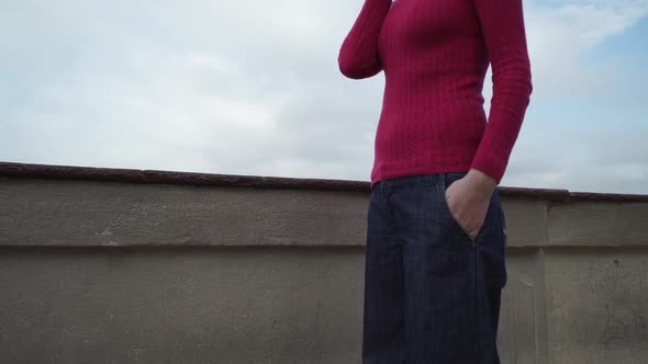 Woman Tourist Calling on the Smartphone Stand on the Observation Deck