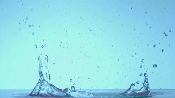 Super Slow Motion Splashes Water on a Blue Background