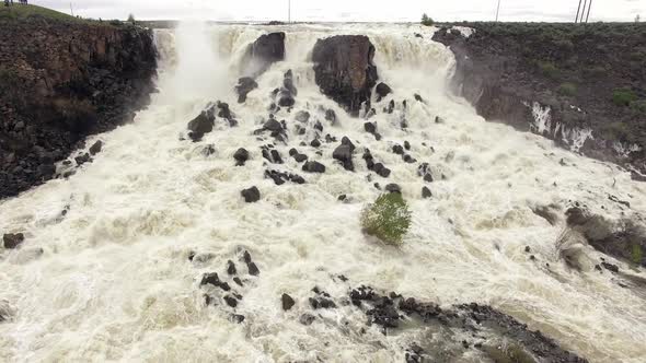 Aerial view of huge overflow waterfall at Magic Reservoir
