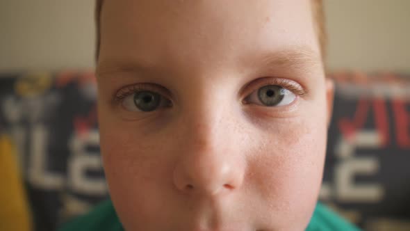 Portrait of Little Despairing Red-haired Boy with Freckles Looking Into Camera Indoor. Close Up Male