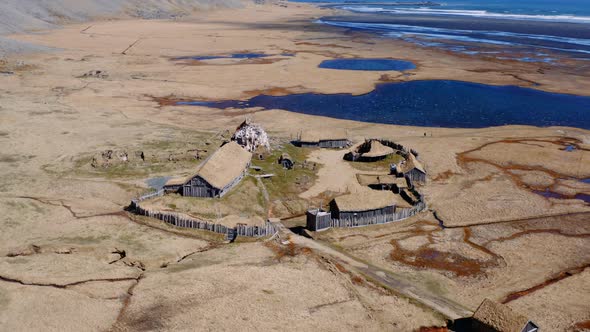 Drone Over Viking Village Film Set In Landscape Of Hofn