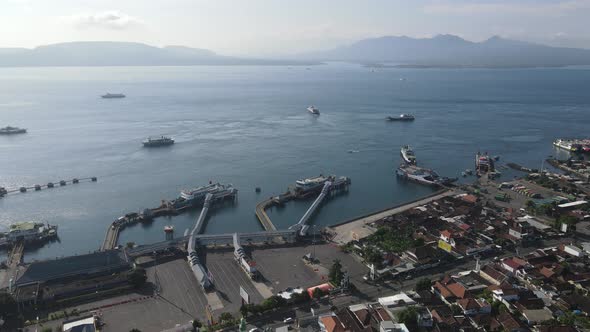 Aerial view of Port in Banyuwangi Indonesia with ferry in Bali Ocean