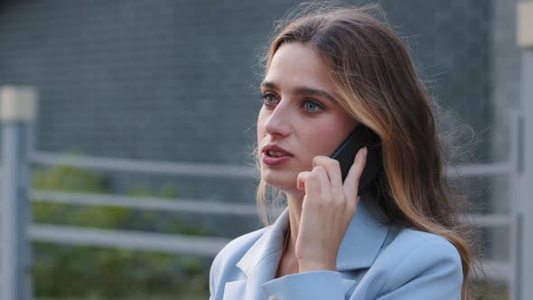 Closeup Young Business Woman Talking Mobile Phone in City Street