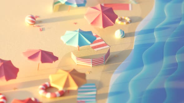 Stylized summer sea and beach with colorful umbrellas. Vacations, holiday, fun.