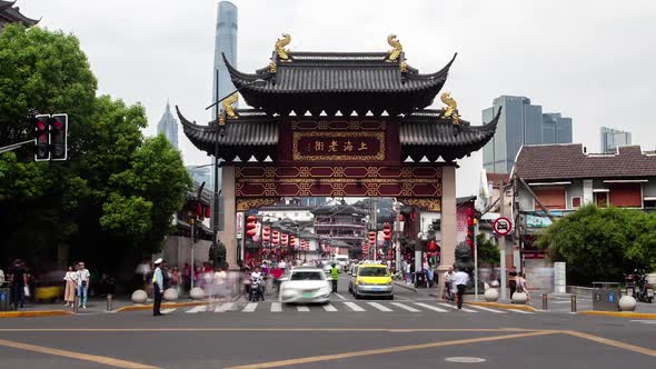 Shanghai Street Lao Jie Against Chinese Downtown Timelapse