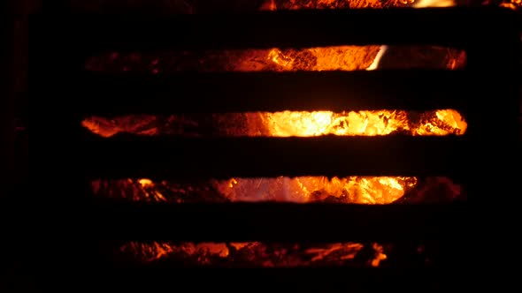 Flame spreading around burned logs slow motion 1080p FullHD footage - Burned fire behind the steel g