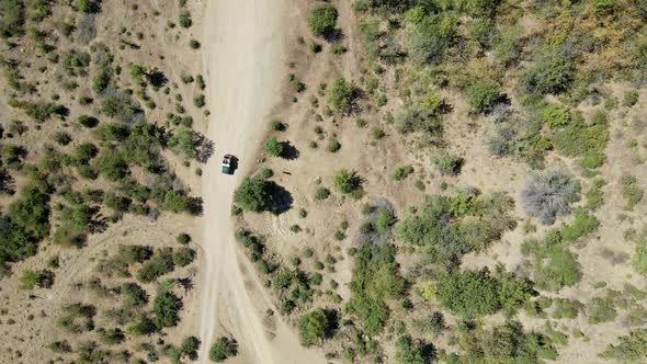 Copter Flies Over a Car That Quickly Drives Through the Mountains with Bushes