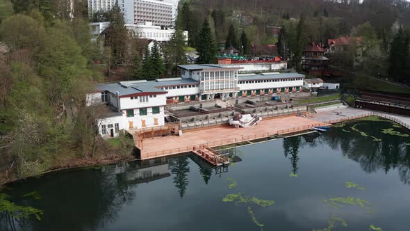 Empty Spa Resort Building On Lakeshore Of Lacul Ursu During COVID-19 Pandemic In Sovata, Romania - a