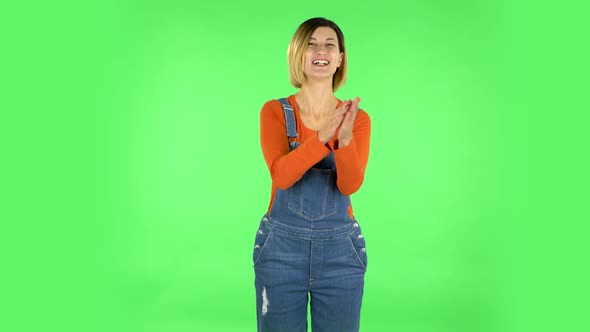 Girl Claps Her Hands with Wow Happy Joy and Delight. Green Screen