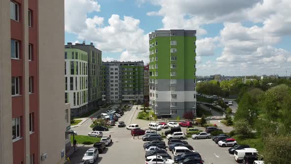 Aerial drone view of a flying over the modern residential building.