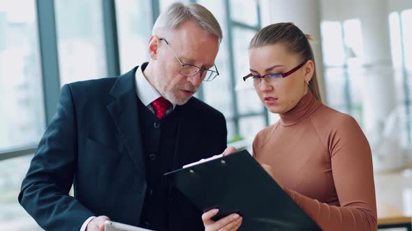 Young woman assistant and senior businessman working together in a light room with big windows