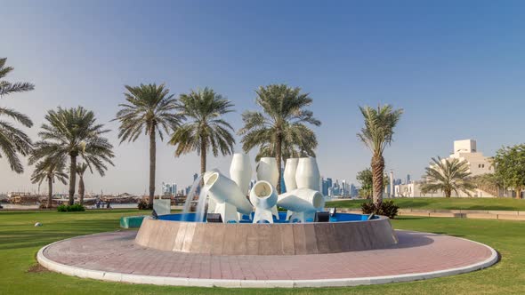 View of the Water Pots Fountain Landmark Timelapse Hyperlapse on the Corniche in Doha