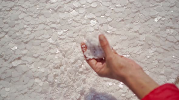 Womans Hand Holding Crystallized Salt Flakes Natural Mineral Formation