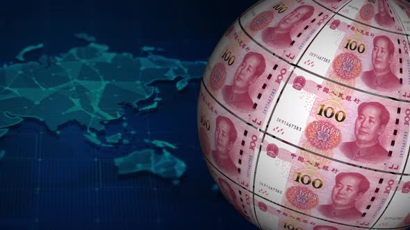 China Yuan or Renminbi Banknotes Globe with World Map