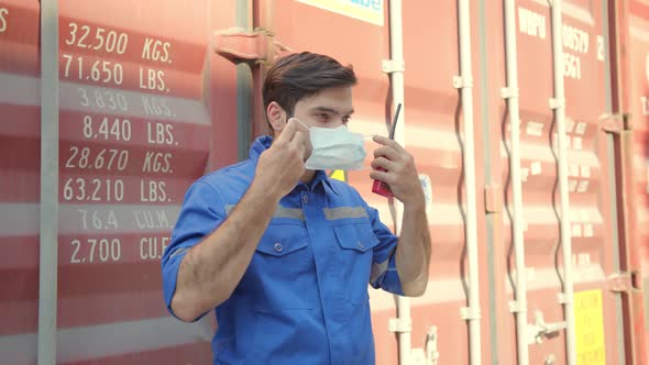 engineer worker foreman in uniform wearing face mask virus protection