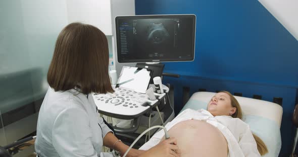 Pregnant Woman Getting Ultrasound Sonogram Scan While Young Concentrated Female