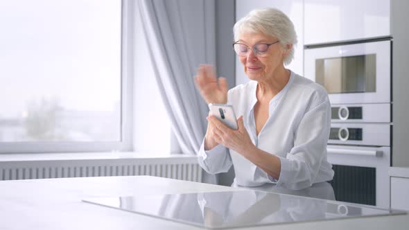 Smiling pensioner lady in glasses waves hand and talks at online video call