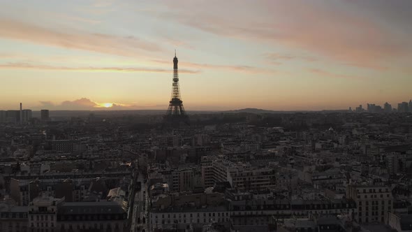 AERIAL: Over Paris, France Wet, Reflections From Rain with View on Eiffel Tower, Tour Eiffel in