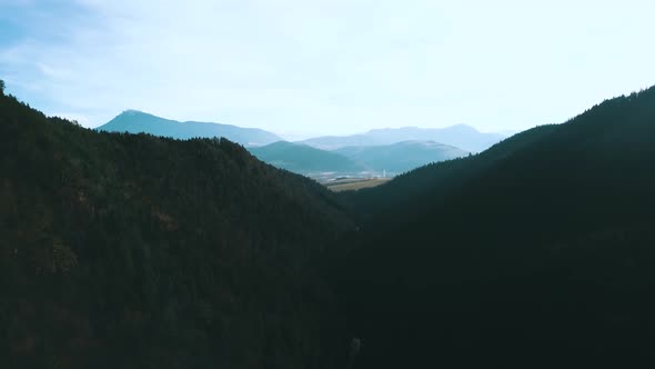 Drone shot over pine tree mountain valley with blue sky