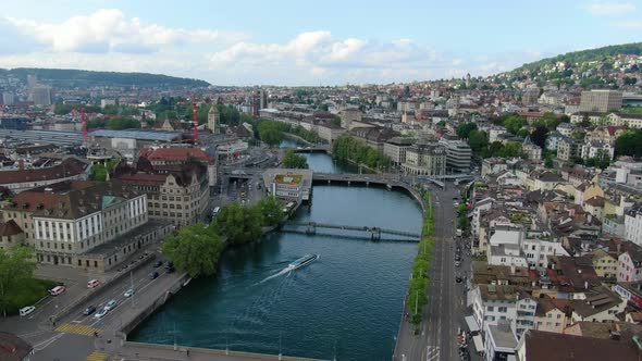 Flight over Limmat river in Zurich city centre, Switzerland