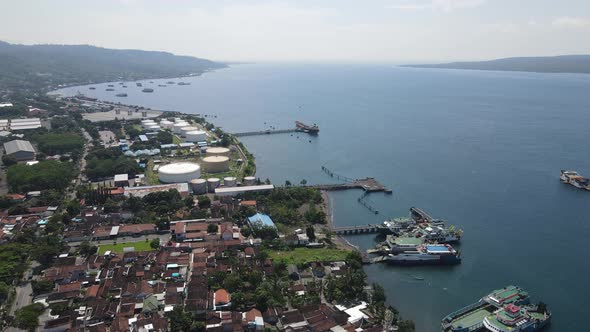 Aerial view of Port in Banyuwangi Indonesia with ferry in Bali Ocean