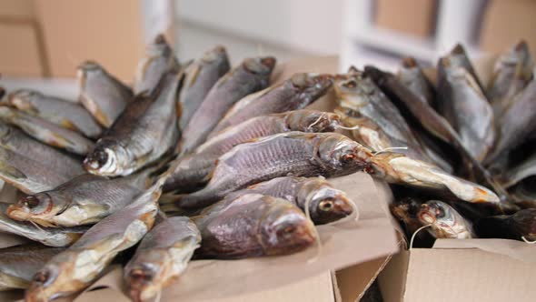 Fishing Dried Sea Fish in Cardboard Boxes on Shelves in a Warehouse Closeup