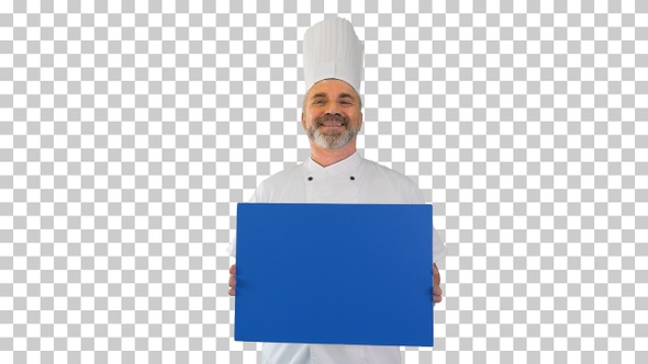 Smiling male chef cook holding blank board, Alpha Channel