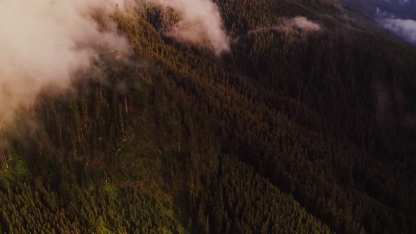 The Drone Flies Through the Clouds at the Mountain Peaks