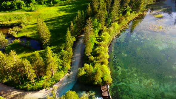 Beautiful view on an with Mountains in Schiederweiher in Upper Austria Drone Video