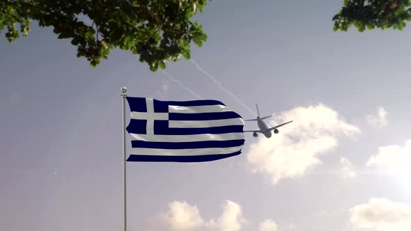 Greece Flag With Airplane And City -3D rendering