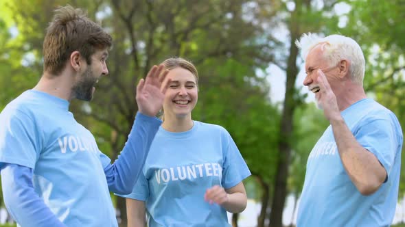 Smiling Volunteers Giving High Five, Cooperation Gesture, Environmental Project