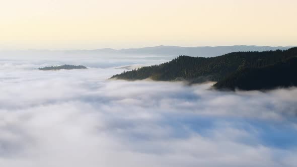 Clouds and Mist in Mountain, High Peaks with Forest, Wonderful Morning Sunrise Natural Landscape