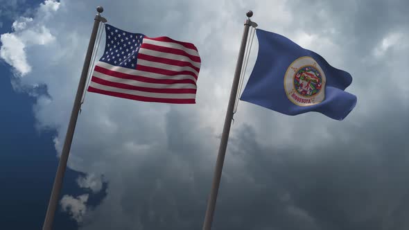 Waving Flags Of The United States And The Minnesota State 4K