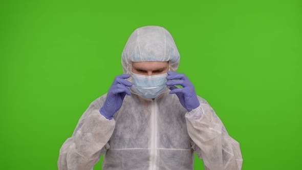 Medical Worker Doctor in Personal PPE Protective Suit Preparing Wearing Glasses on Chroma Key