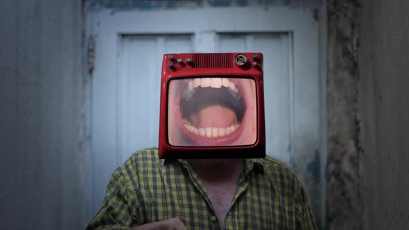 Man with Old TV instead of Head and Open Mouth at Dentist on Screen.