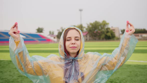 Full Body of Happy Young Female with Long Brown Hair in Casual Clothes and Plastic Transparent