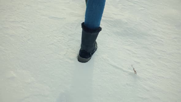 Woman Legs In Snow. Female In Snowy Weather At Cold Temperature Walking Alone. Legs Footprints.