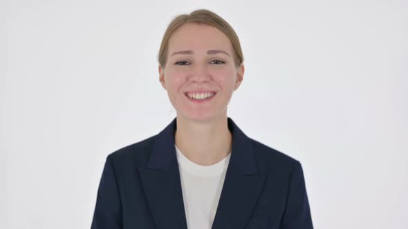 Young Businesswoman Talking on Online Video Call on White Background