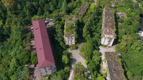 Ruined Lost Overgrown Mining Ghost Town Akarmara Consequences of War in Abkhazia Aerial View From