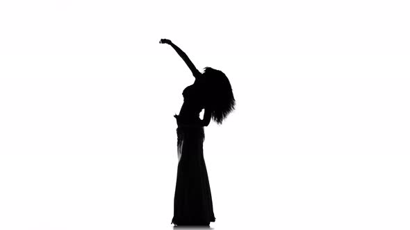 Talanted Long-haired Exotic Belly Dancer Girl Continue Dance on White, Silhouette