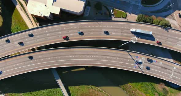 Birds eye view of cars on I-10 freeway near downtown Houston