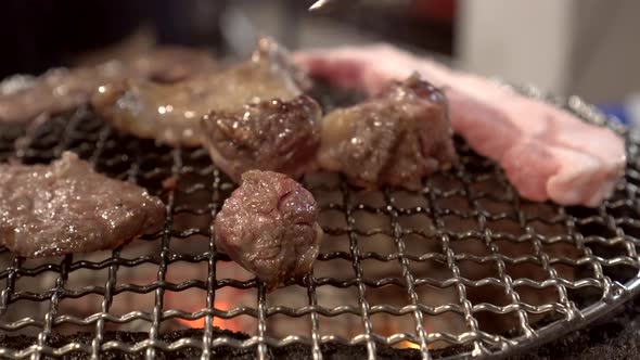 Grilling Beef And Pork Japanese Yakiniku Charcoal Style Luxury Gathering Night Meal