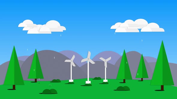 Animation of landscape with turning wind turbines in countryside