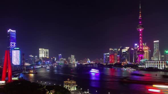 Chinese Boats Reflected on Huangpu in Shanghai Timelapse
