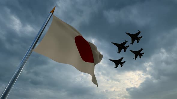 Waving Japanese Flag and Warplanes in the Sky