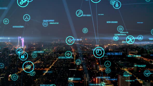 smart Connected city skyline. Futuristic network concept, city Technology.