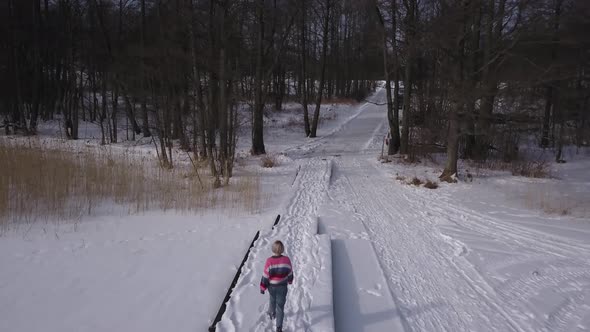 Follow aerial footage of lonely female walking towards open groomed pathway leading into desolate fo