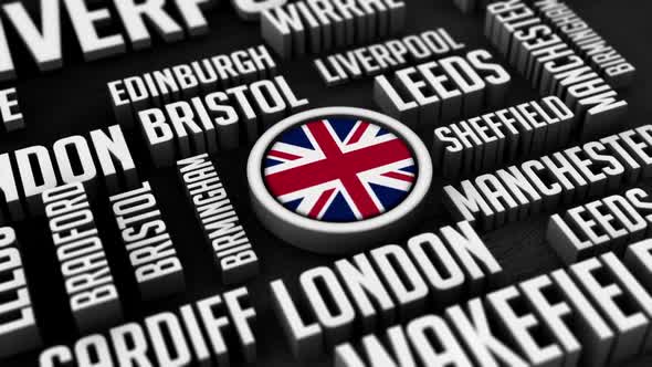 United Kingdom Cities Word Cloud Collage In 3D