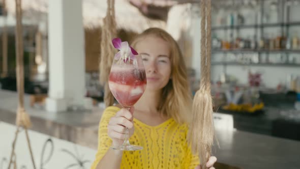 Portrait of Beautiful Woman on Vacation Enjoy Fruitshake